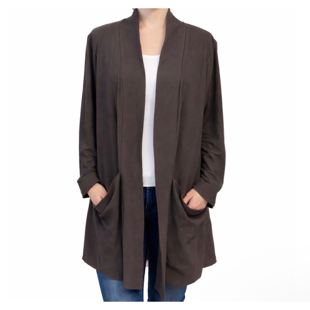 Eileen Fisher Washable Crepe Open Front Cardigan Kimono Large Brown‎ Sweater